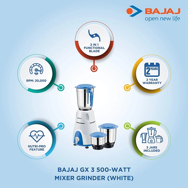 Bajaj GX 3 500W Mixer Grinder , White - Hiranagar Jatwal Kathua, Credit & Debit Card Accepted