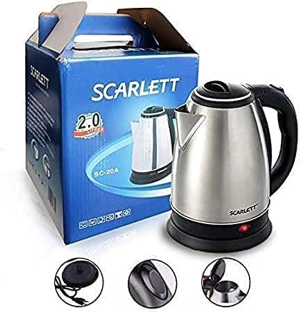 SCARLETT Stainless Steel Electric Kettle 1500 Watt 2 Litre Multipurpose Large Size Tea Coffee Maker Water Boiler with Handle (Silver) - Hiranagar