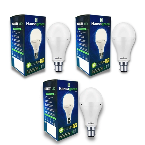 Hansagreen 10 watts Cool White LED Emergency Bulb, For Indoor Lighting, Rechargeable, Pack of 3 (1 Year Warranty) - Hiranagar, Hiranagar