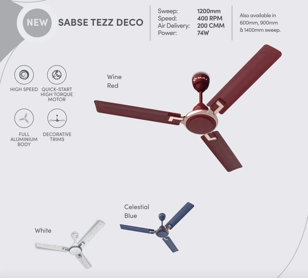 BAJAJ Sabse TEZZ DECO 1200 mm 3 Blade Ceiling Fan (Marathon Blue) - Hiranagar, Kathua Samba