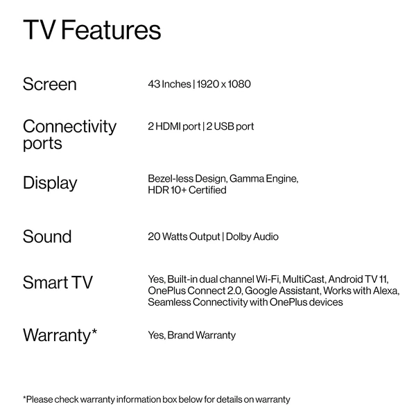 OnePlus 108 cm (43 inches) Y Series Full HD Smart Android LED TV 43 Y1S (Black) (2022 Model) - FREE Scheduled Delivery