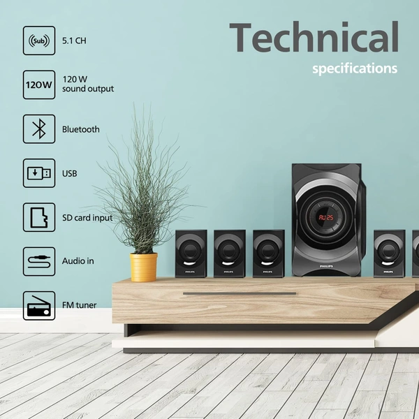 Philips Audio SPA8000B/94 5.1 Channel 120W Multimedia Speaker System with Bluetooth, 5x15W Satellite Speakers, LED Display, Robust Design & Matte Finish (Black) - Free Scheduled Delivery