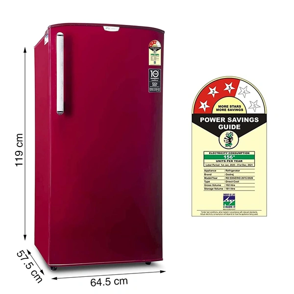 Godrej 192 L 3 Star Direct-Cool Single Door Refrigerator (RD EDGERIO 207C 33 THF Rby Red, Ruby Red, Turbo Cooling) - Kathua Samba, 3-5 Days