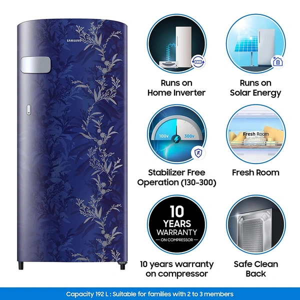 Samsung 192 L 2 Star Direct Cool Single Door Refrigerator (RR19A2Y2B6U/NL, Mystic Overlay Blue) - Credit & Debit Card Accepted, 3-5 Days