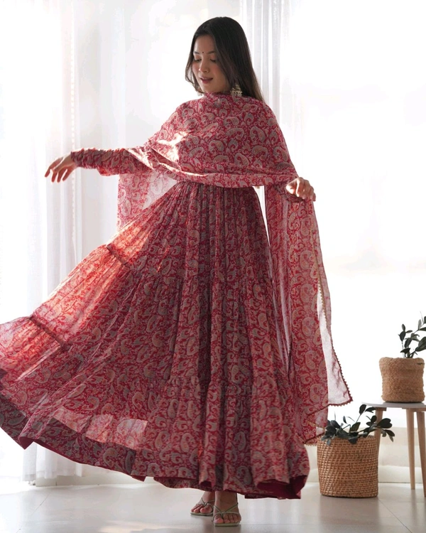 Pure Soft Fox Georgette Kalamkari Print Fabric Fully Flair Anarkali,with Duppta Set* - Xs