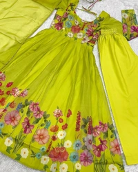 *Pure Soft Organza Silk Fabric Fully Flair Kali Pattern And Canvas Patta With Dupatta Set ,pent Ready To Wear* - M