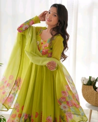 *Pure Soft Organza Silk Fabric Fully Flair Kali Pattern And Canvas Patta With Dupatta Set ,pent Ready To Wear* - M