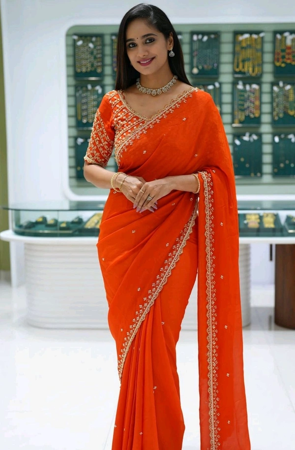 
Pure Soft Georgatte Fabric Saree With Heavy Embroidery Work & Fancy Work Blouse 
