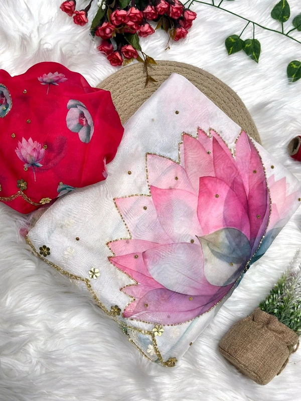 *Pure soft teby silk saree with beautiful digital prints flower nd hand cutdana work heavy outing border in all over saree ,paired with digital fabric with khatli sleeves pattern blouse*
