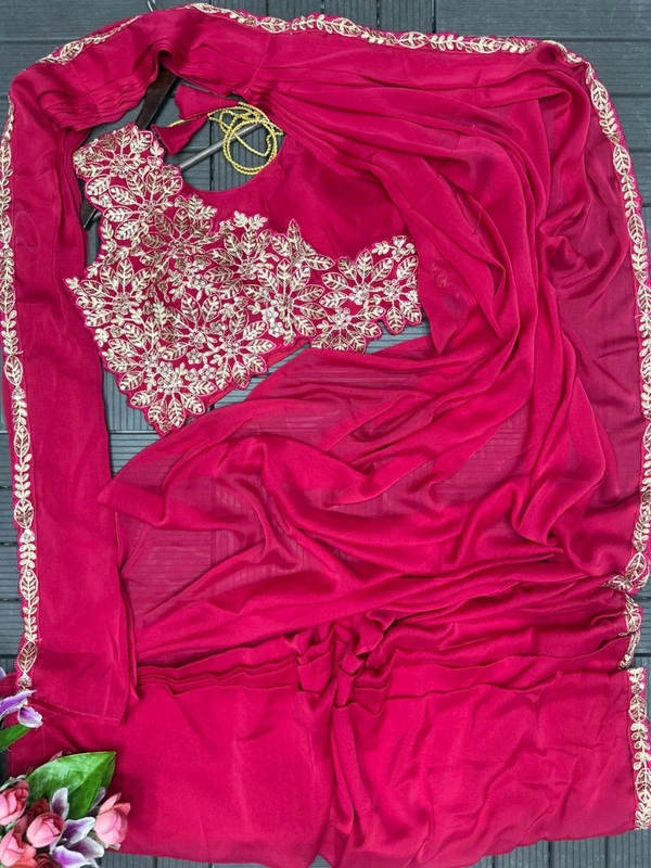 New Super Trending Embroidery cording work ready to wear saree with Embroidery Blouse* - Full Stitched Upto 42