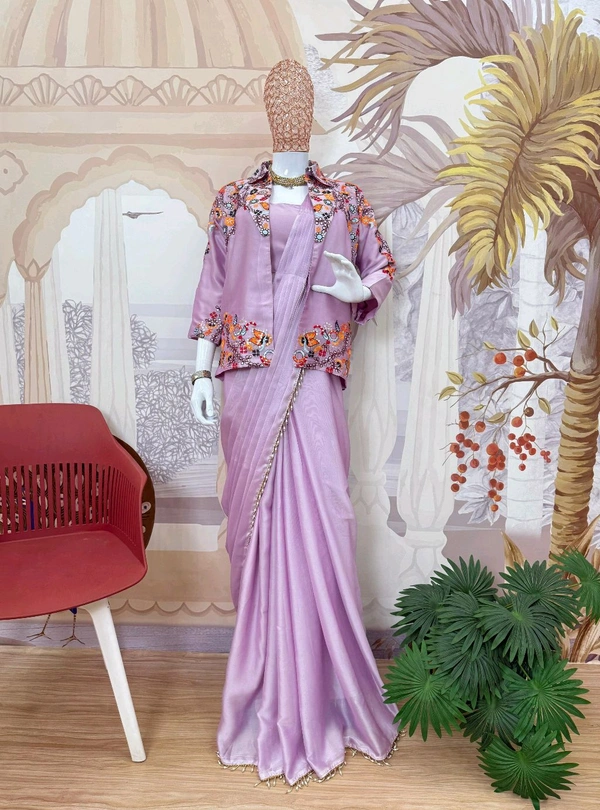 INDO-WESTERN DRAPE SAREE….* 
*🥻WE ARE LAUNCHING NEW SUPERHIT TRENDING INDO-WESTERN READY TO WEAR SAREE WITH FULLY EMBROIDERED KOTI ON  RANGOLI SILK FABRIC WITH STITCH BLOUSE