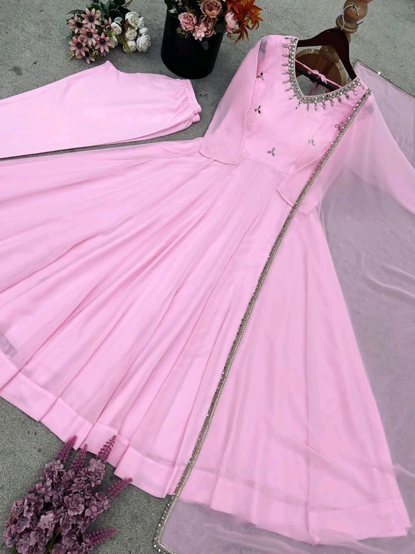 Presenting New Designer Collection In Faux Georgette With Embroidery Real Mirror 🪞 Work Gown And Dupatta Set Fully Stitched Ready To Wear 🔥😍🥰* - Xl 42