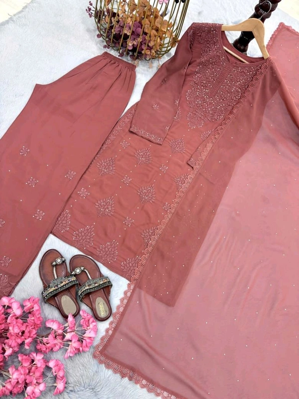 Launching New 💃 Đěsigner Party Wear Look Pur Chikankari Heavy Faux Georgette Top Plazzo & Dupatta Set*👗
 *LADY LOOK-025* - Xxl
