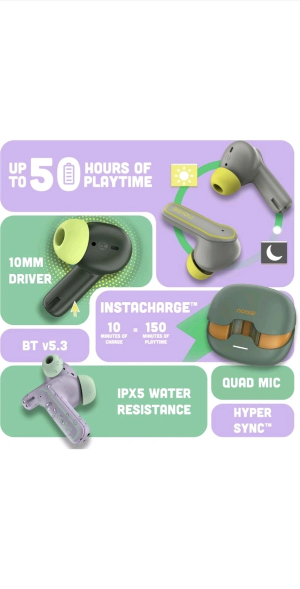 Noise Pop buds with 50 Hrs of playtime, Quad Mich with ENC Bluetooth Headset  True Wireless - Lilac
