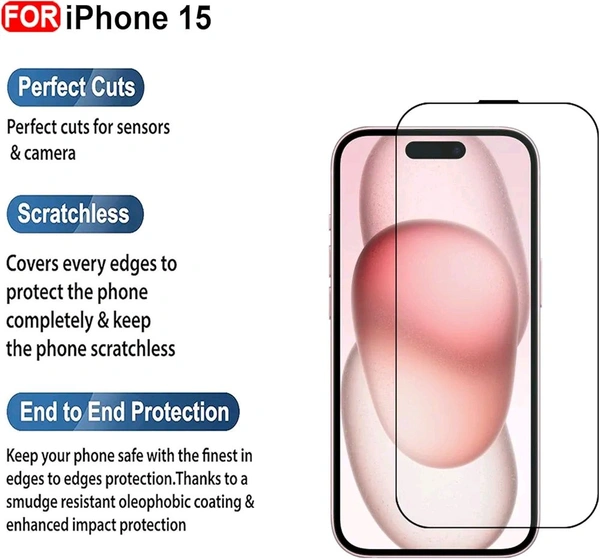  iPhone 15 Tempered Glass| Screen Protector Full HD Quality Tempered Glass Anti-Scratch Edge to Edge Coverage with Easy Installation Kit (Black)