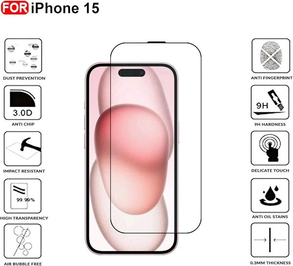  iPhone 15 Tempered Glass| Screen Protector Full HD Quality Tempered Glass Anti-Scratch Edge to Edge Coverage with Easy Installation Kit (Black)