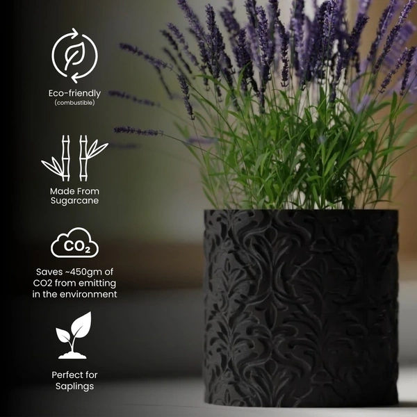 Floral Carved Planter Pot - 12 cm, Black