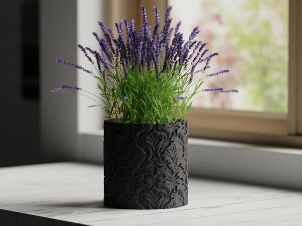 Floral Carved Planter Pot - 12 cm, Black