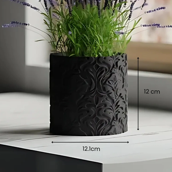 Floral Carved Planter Pot - 12 cm, Black