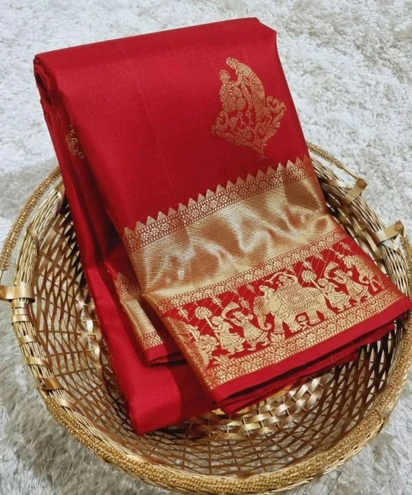 बनारसी लिची सिल्क साडी Banarasi Silk Saree  - Red, Free