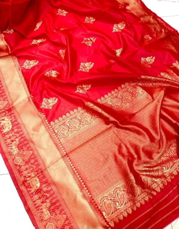 बनारसी लिची सिल्क साडी Banarasi Silk Saree  - Red, Free