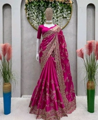 कढ़ाई वाली सिल्क साडी(Heavy Work Silk Saree) - Pink, FREE SIZE