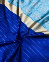 रेशमी साडी[Blue Silk Saree With Golden Border] - Blue, Free