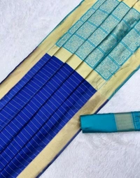 रेशमी साडी[Blue Silk Saree With Golden Border] - Blue, Free