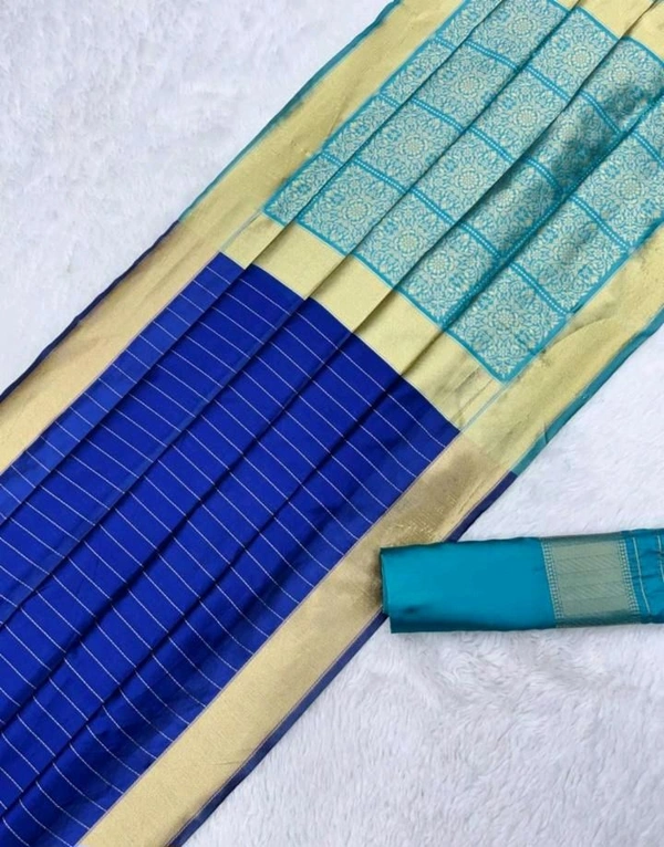 रेशमी साडी[Blue Silk Saree With Golden Border] - Blue, Free