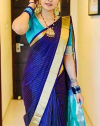 रेशमी साडी[Blue Silk Saree With Golden Border] - Blue, Free