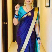रेशमी साडी[Blue Silk Saree With Golden Border] - Blue, Free