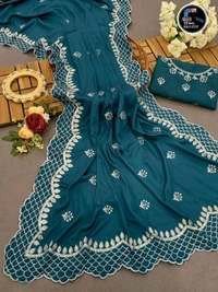 Shinning Satin Saree  - Pine Green, Free