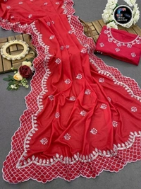 Shinning Satin Saree  - Red, Free
