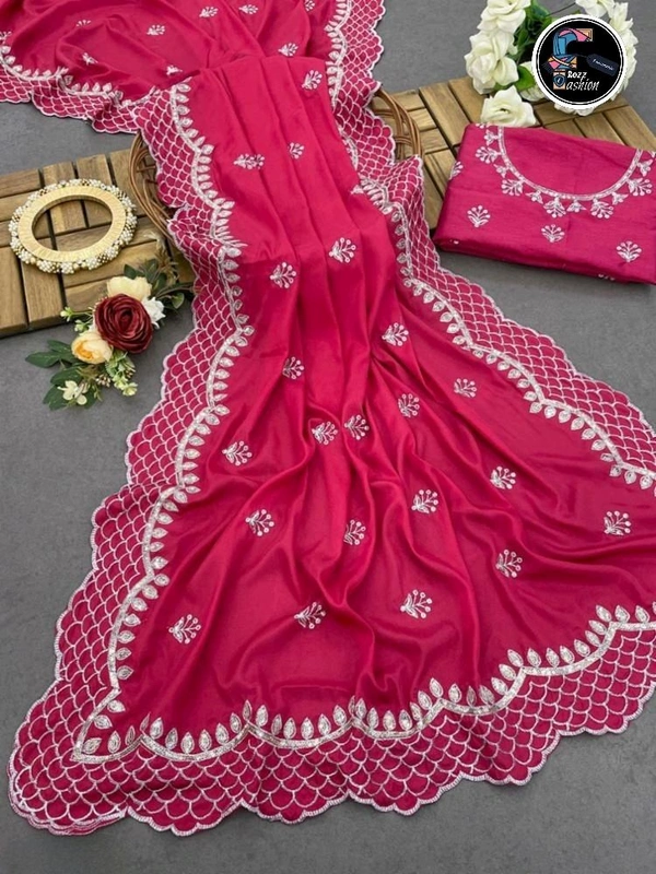 Shinning Satin Saree  - Radical Red, Free