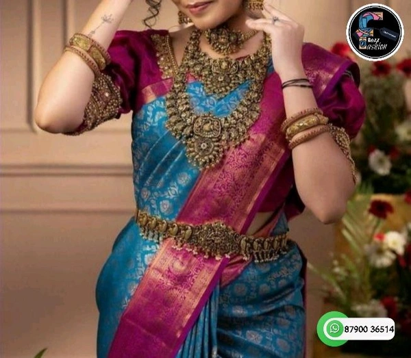 Blue-Pink Pattu Saree With Jacquard Border & Blouse Piece  - Blue-Pink, Saree:5.50Mtr  Blouse:0.80Mtr