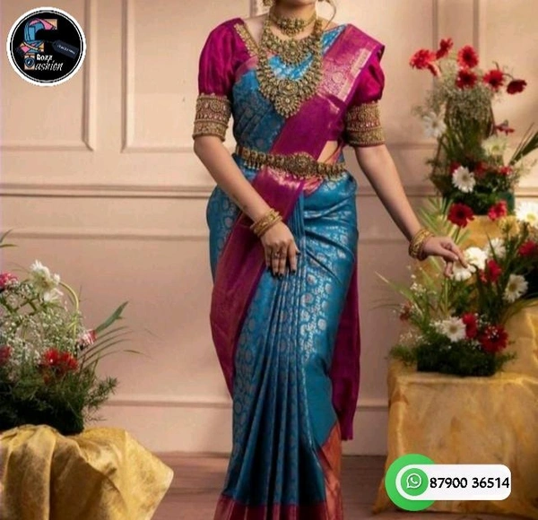 Blue-Pink Pattu Saree With Jacquard Border & Blouse Piece  - Blue-Pink, Saree:5.50Mtr  Blouse:0.80Mtr