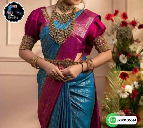 Blue-Pink Pattu Saree With Jacquard Border & Blouse Piece  - Blue-Pink, Saree:5.50Mtr  Blouse:0.80Mtr