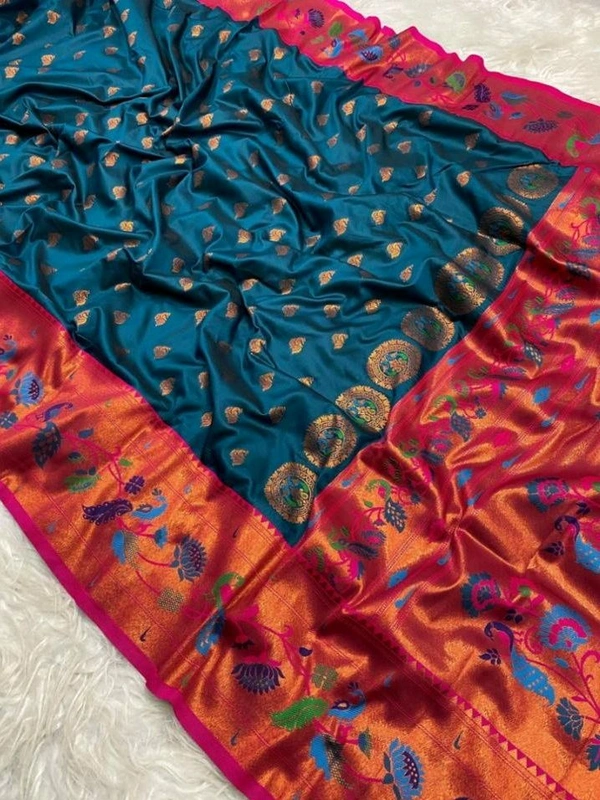 PAITHANI SILK SAREE | पैठानी रेशमी साडी - Blue Stone, Free
