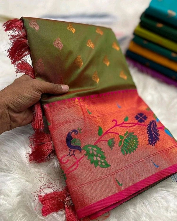 PAITHANI SILK SAREE | पैठानी रेशमी साडी - Saree Length:5.5m Blouse:0.8m, Palma Green