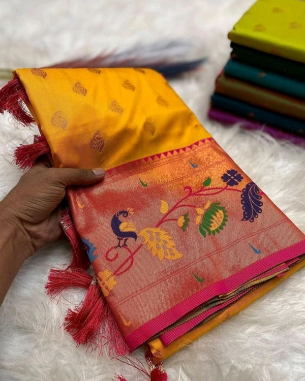 PAITHANI SILK SAREE | पैठानी रेशमी साडी - Saree Length:5.5m Blouse:0.8m, Web Orange