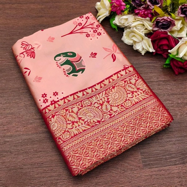 Lichi Silk Saree | रेशमी साड़ियाँ  - Red Orange, Free Size