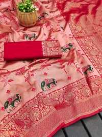 Lichi Silk Saree | रेशमी साड़ियाँ  - Red Orange, Free Size