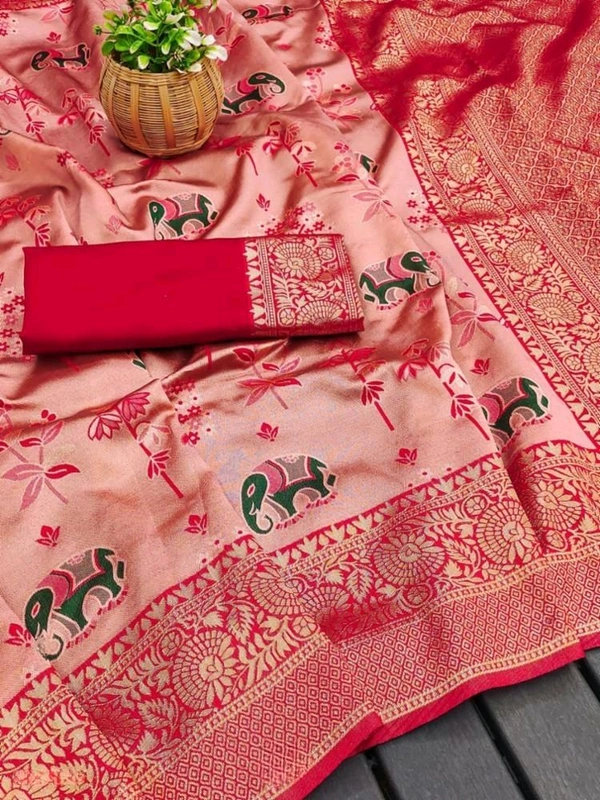 Lichi Silk Saree | रेशमी साड़ियाँ  - Red Orange, Free Size
