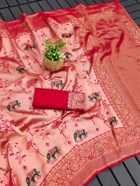 Lichi Silk Saree | रेशमी साड़ियाँ  - Red Orange, Free Size