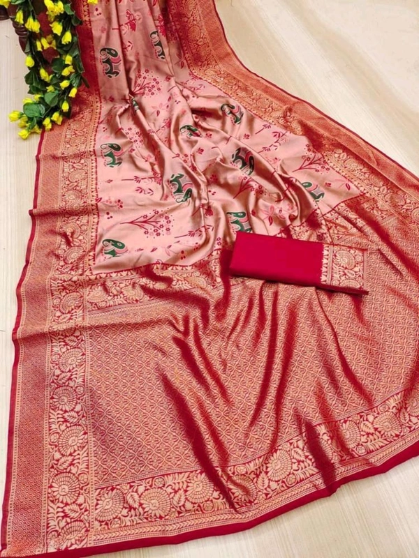 Lichi Silk Saree | रेशमी साड़ियाँ  - Red Orange, Free Size
