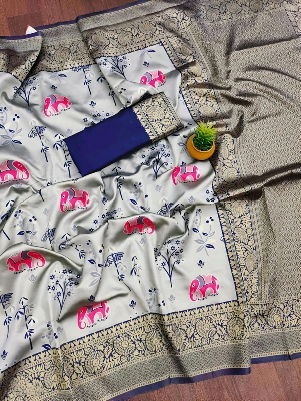Lichi Silk Saree | रेशमी साड़ियाँ  - Silver, Free Size