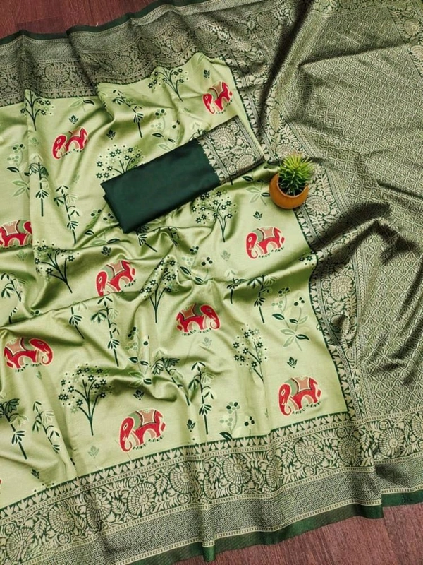 Lichi Silk Saree | रेशमी साड़ियाँ  - Snowy Mint, Free Size