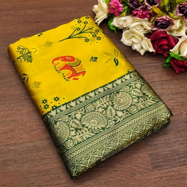 Lichi Silk Saree | रेशमी साड़ियाँ  - Bright Sun, Free Size