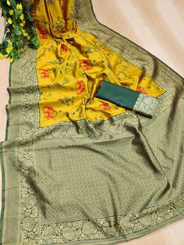 Lichi Silk Saree | रेशमी साड़ियाँ  - Bright Sun, Free Size