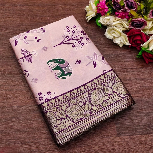 Lichi Silk Saree | रेशमी साड़ियाँ  - Light indigo, Free Size